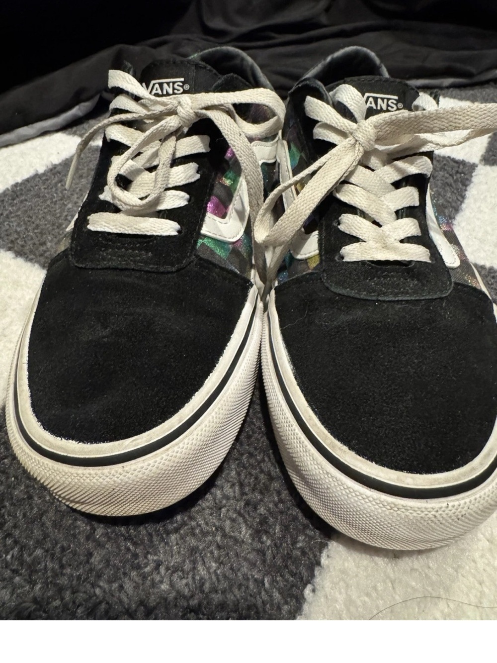 Vans Black Suede Low Tops with White Accents and Iridescent Side Panels